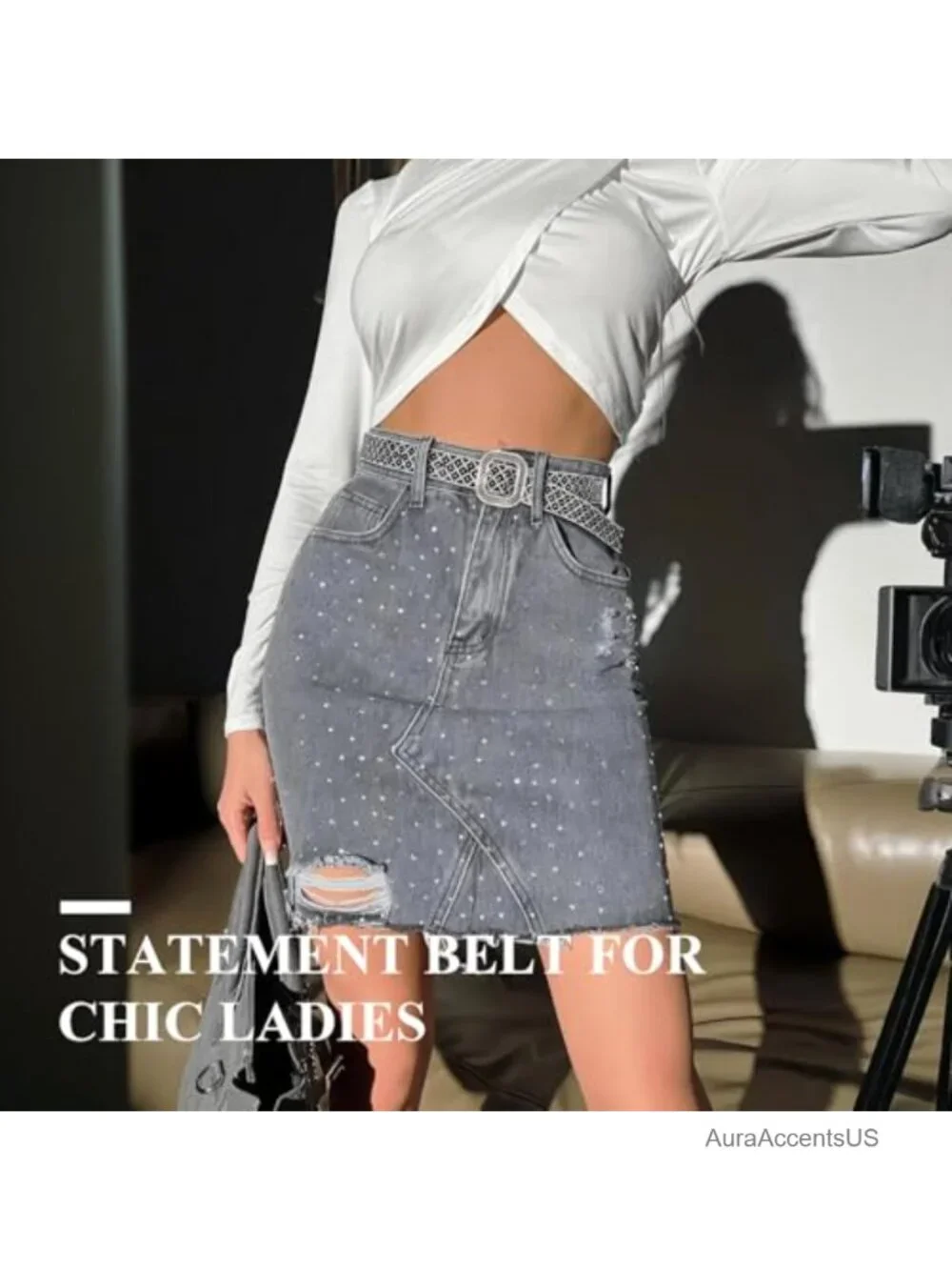 0.85 Inch Rhinestone Statement Belt Sparkly Glitter Belt for Dresses Jeans
